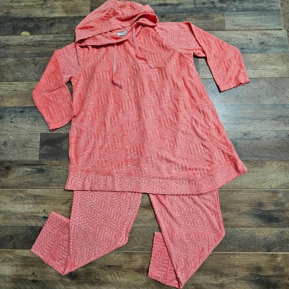 New LOGO Lounge Women’s Small Coral Set Hoodie & Pants Cozy Textured Knit Casual